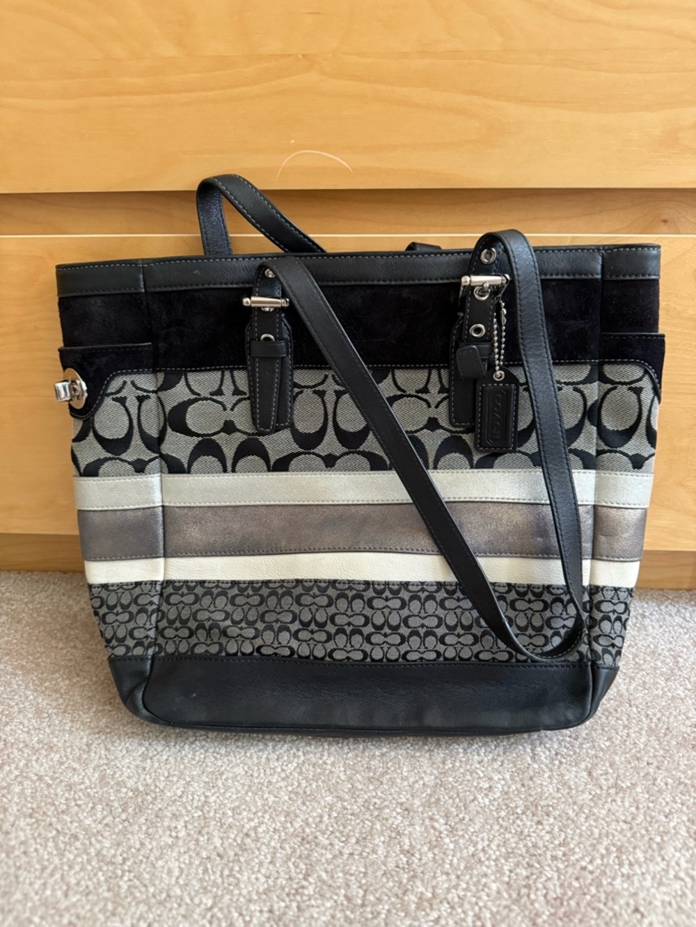 REAL Coach Signature Stripe Tote Bag in Black and Gray